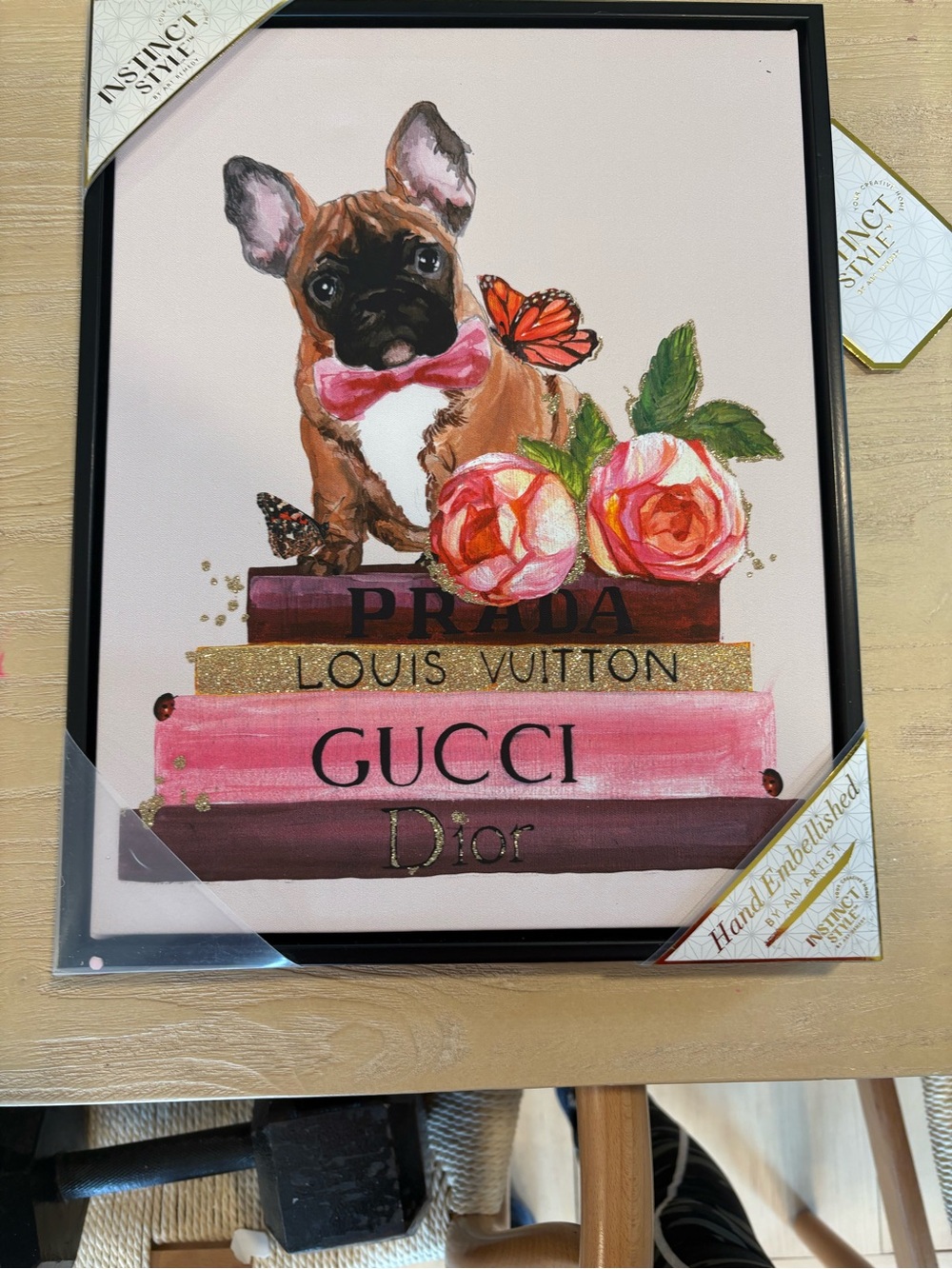 "Fashion Frenchie" Wall Art with French Bulldog and Roses - Pink, Gold, Brown